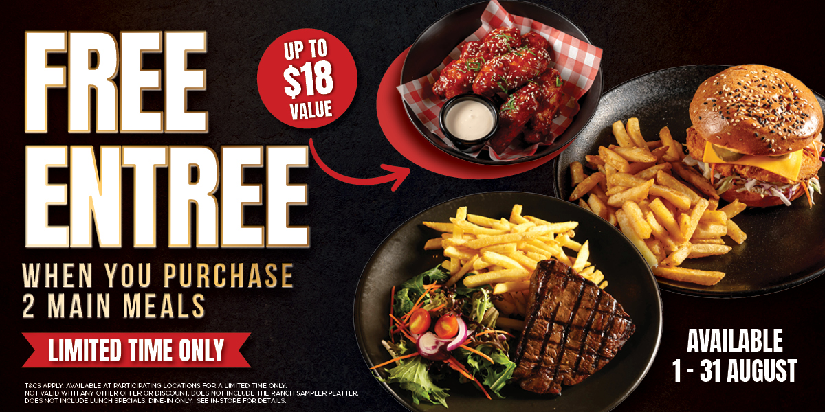 Free Entree when you purchase two main meals at Lone Star Rib House and Brews North Adelaide in August