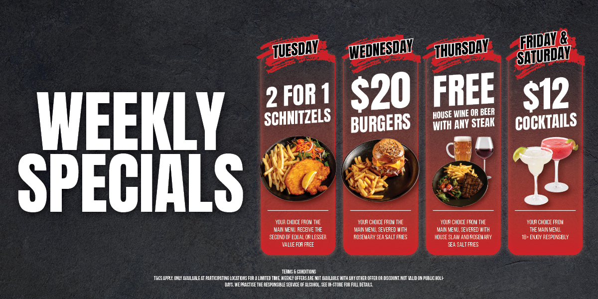 Weekly Food and Drink Specials now available at Lone Star Rib House and Brews Hawthorn SA, Lone Star Hawthorn, Schnitzel night, Burger night, Steak Night, Cocktails, Happy Hour